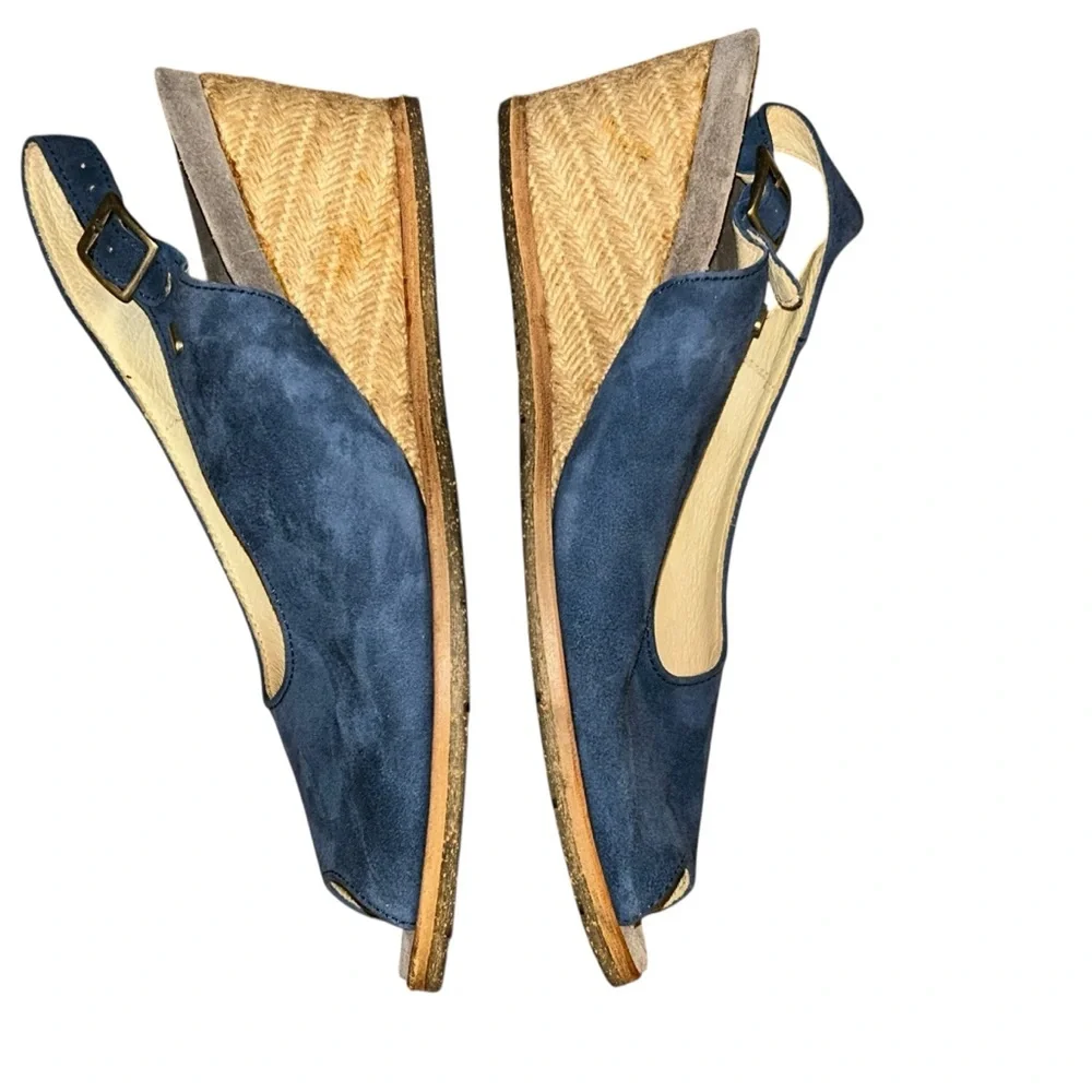 Wolky Blue Suede Peep‎ Toe Wedge Slingback Sandals Size 40 Comfort Shoes